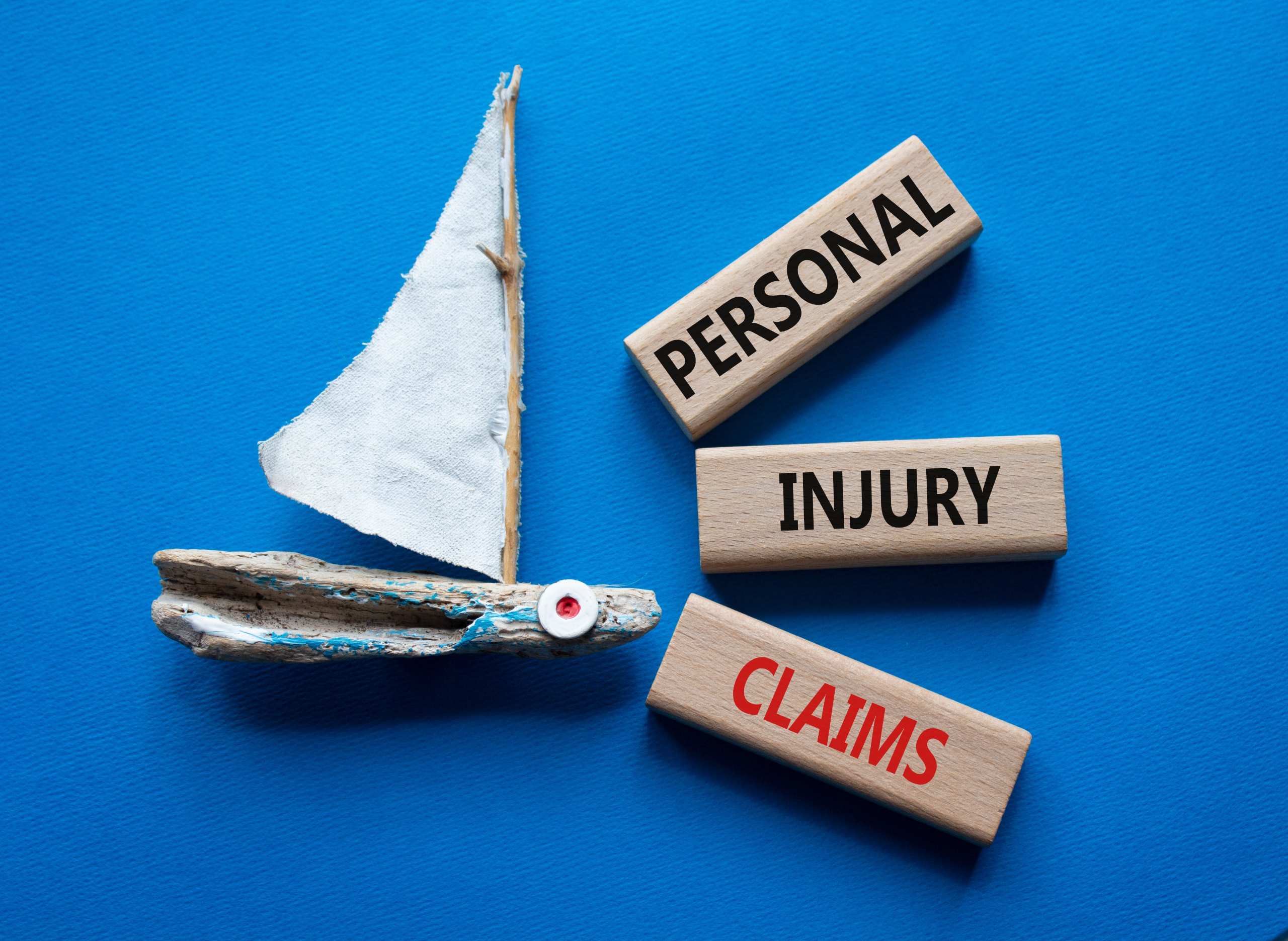 Small wooden sailboat next to blocks reading personal injury claims, representing legal cases handled by a boating accident lawyer in Spokane.